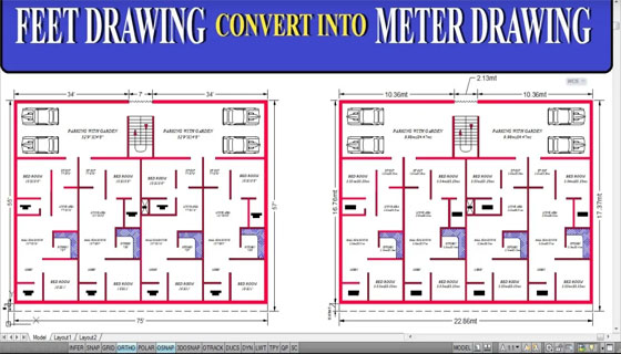 How to convert the measuring unit of a drawing from feet/inches to meter in AutoCAD
