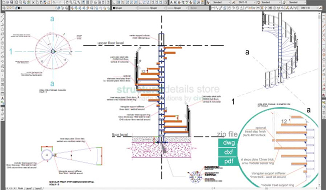 Download sample CAD dwg drawing for a spiral steel staircase