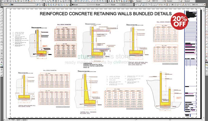 Sample CAD drawings & reinforcement tables for retaining walls