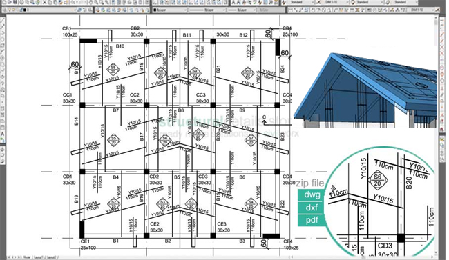 Download sample cad drawing of Inclined Pitched Roof Concrete Slab Reinforcement 